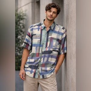 Reunion Menswear Vintage Sz XL Striped Abstract Print Shirt Button Short Sleeve